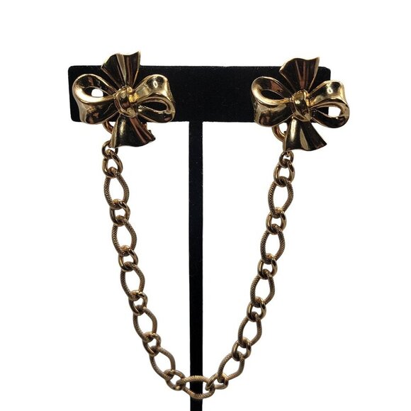 Crown Trifari Sweater Clips Pin Double Bows Detachable Chain Vintage Gold Tone - Picture 4 of 16
